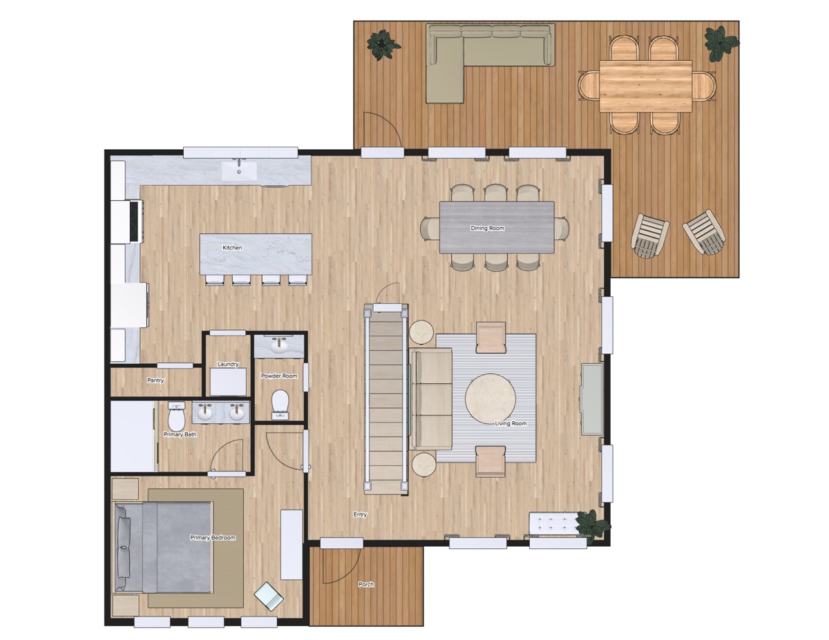 First floor plan — kitchen, living, dining, covered porch, bedroom