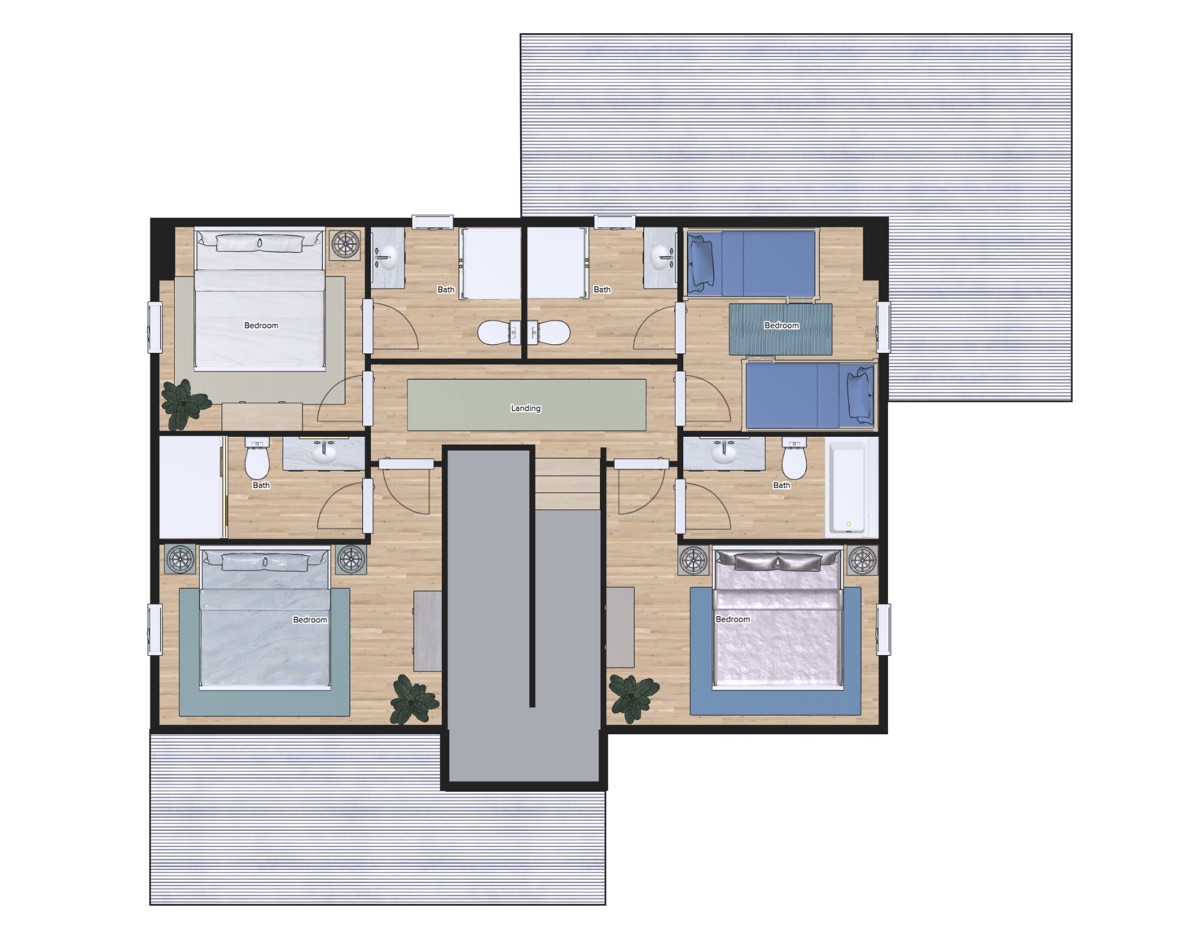 Second floor plan — four bedrooms, balcony